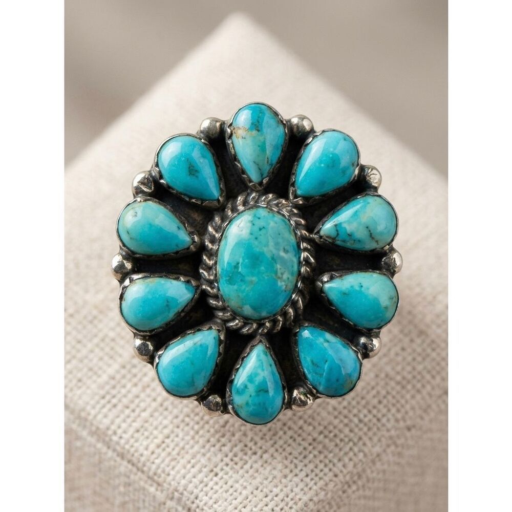 New Sterling Silver Turquoise Cluster Ring Artisan Southwestern Teardrop Design